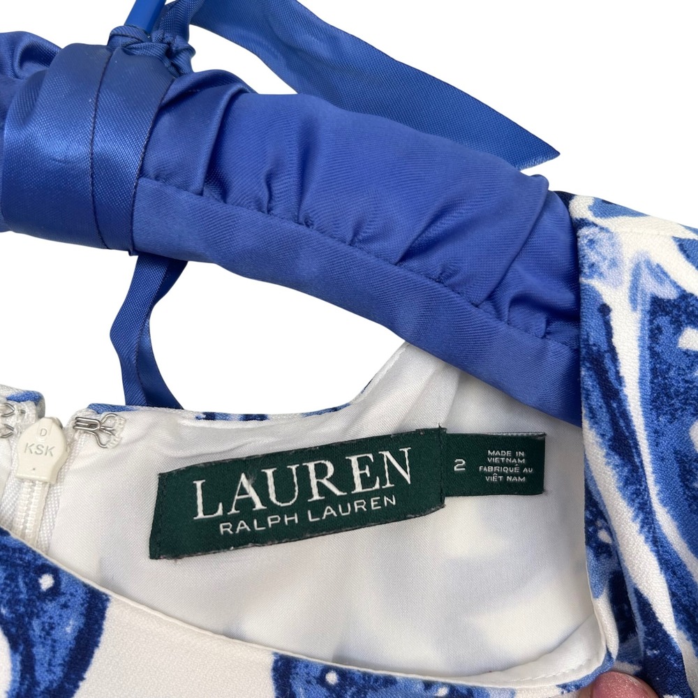 Lauren Ralph Lauren Dress Womens 2 Blue White Damask Scroll Print Sleeveless Zip - Picture 2 of 9